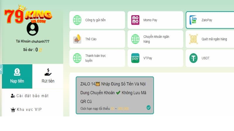 Quy trình hướng dẫn 79KING nạp tiền đa dạng phương thức.