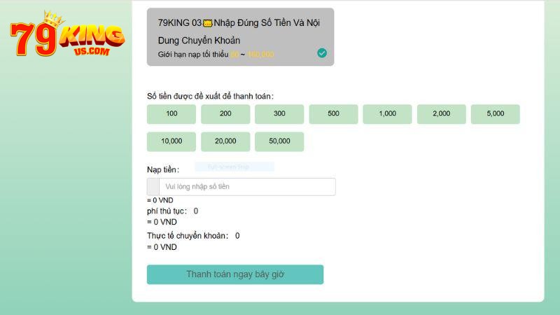 Chuyển khoản ngân hàng là phương thức nạp tiền 79KING tiện lợi.